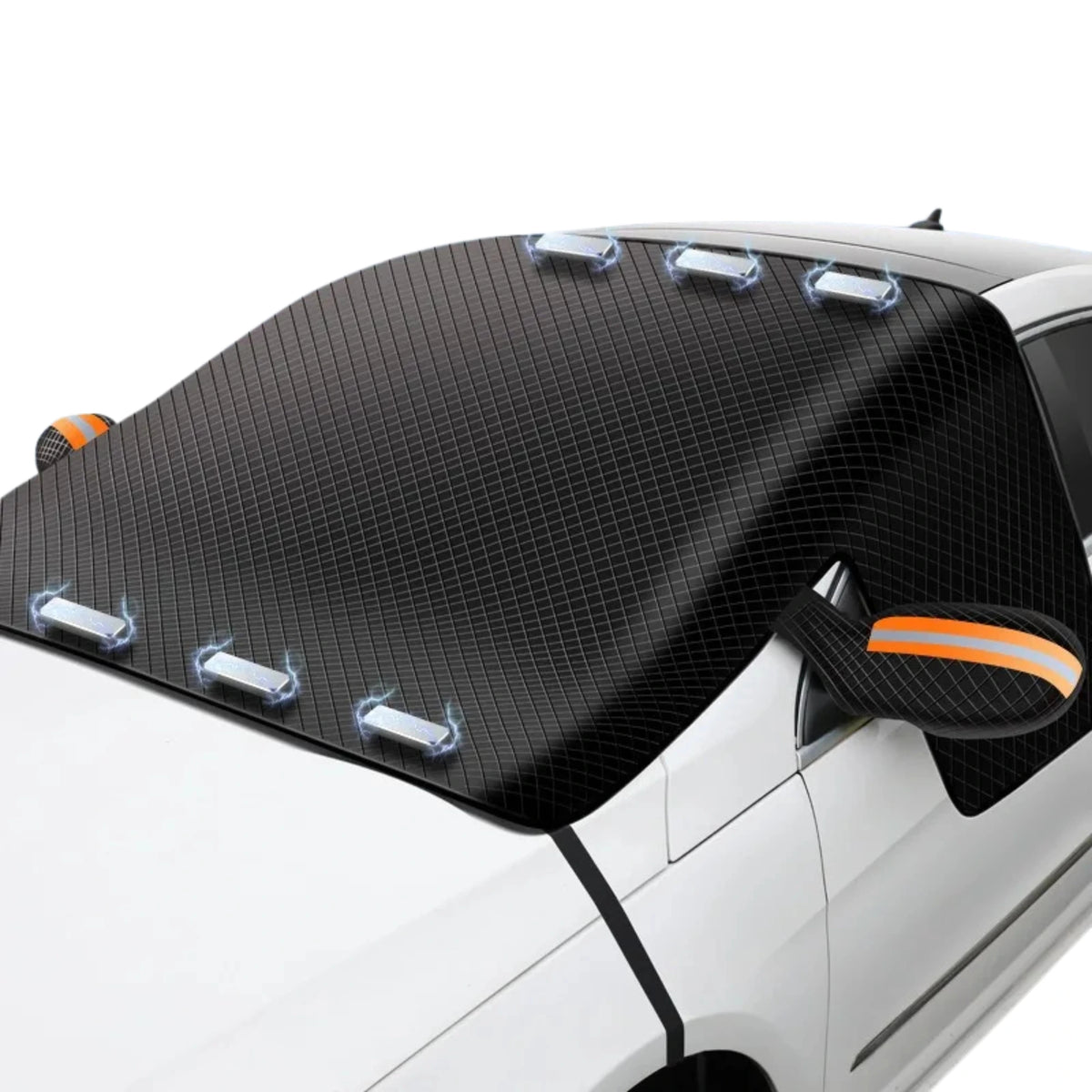 Magnetic Windscreen Sun Shade Cover in black quilted fabric fitted to a white car with orange reflective mirror covers