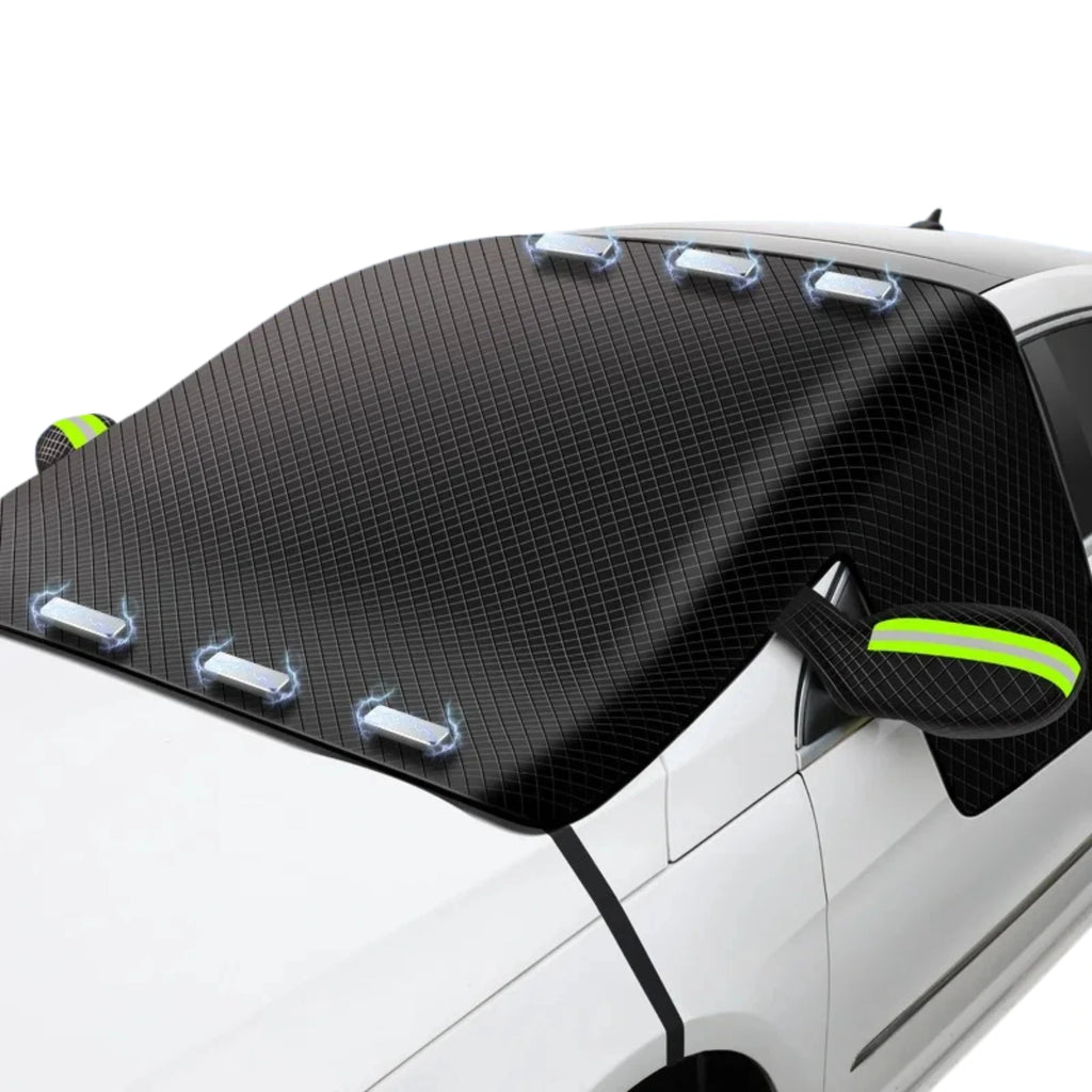Magnetic Windscreen Sun Shade Cover in black quilted fabric fitted to a white car with green reflective mirror covers