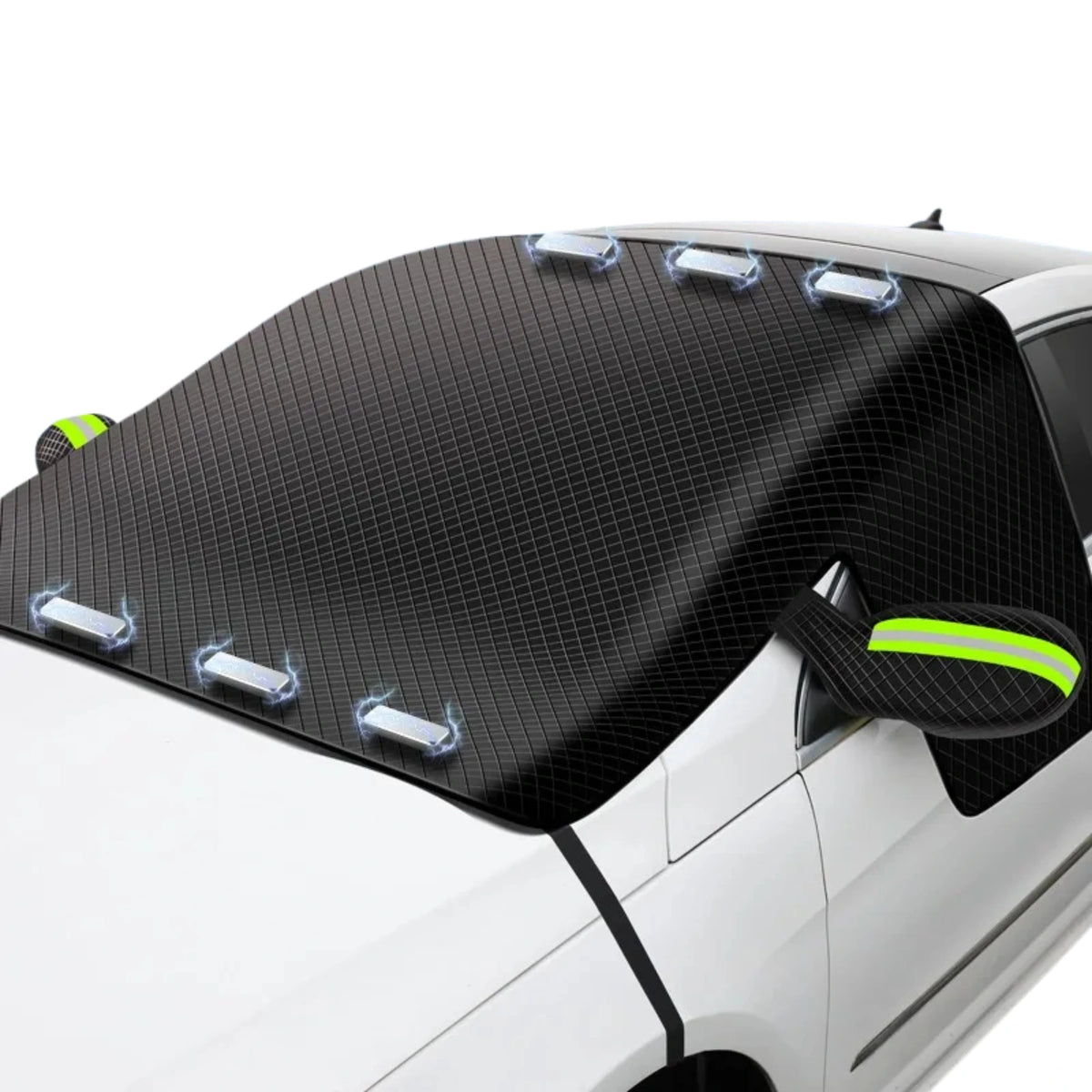 Magnetic Windscreen Sun Shade Cover in black quilted fabric fitted to a white car with green reflective mirror covers