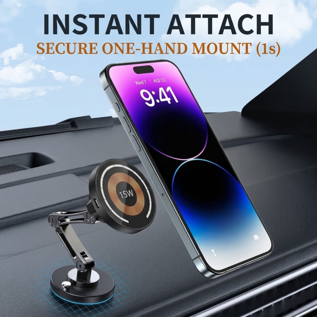 Phone attaching one-handed to the Magnetic Wireless Car Charger mounted on a car dashboard