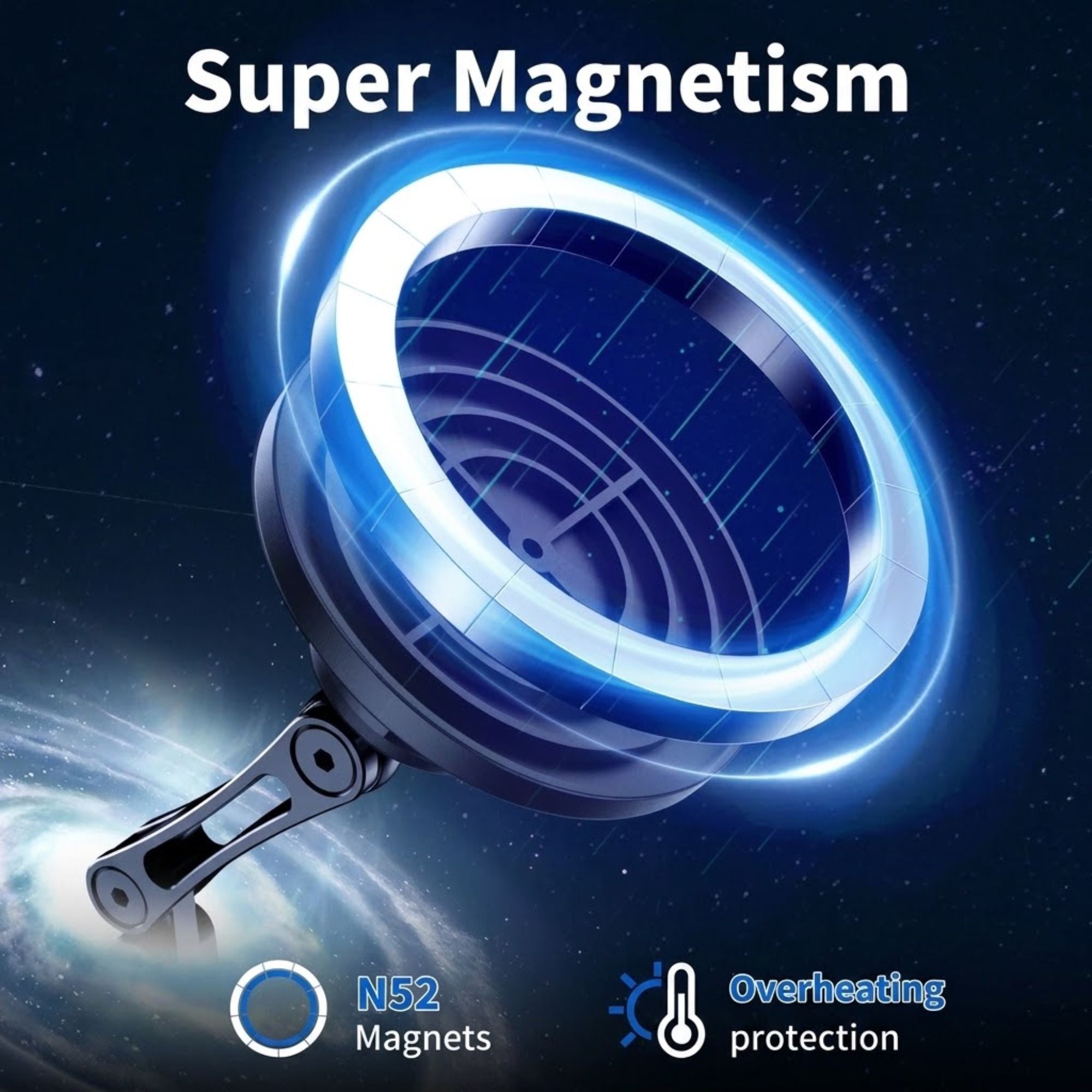Super Magnetism infographic for the Magnetic Wireless Car Charger showing N52 magnets and overheating protection