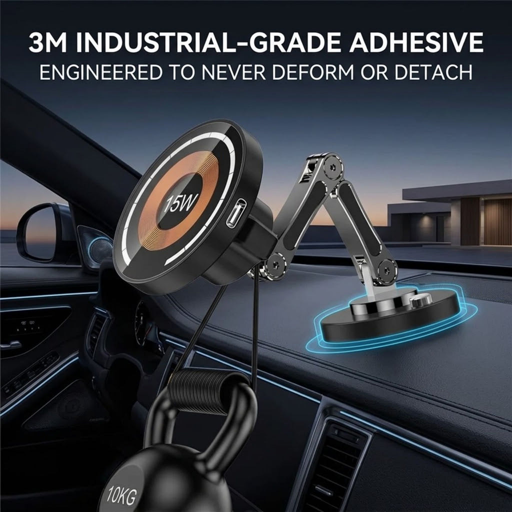A circular black adhesive phone mount or charger stand with a metallic arm and suction-style base, shown attached to a car dashboard. Large text at the top reads '3M INDUSTRIAL-GRADE ADHESIVE ENGINEERED TO NEVER DEFORM OR DETACH,' and a 10kg weight hangs from the product to demonstrate strength.
