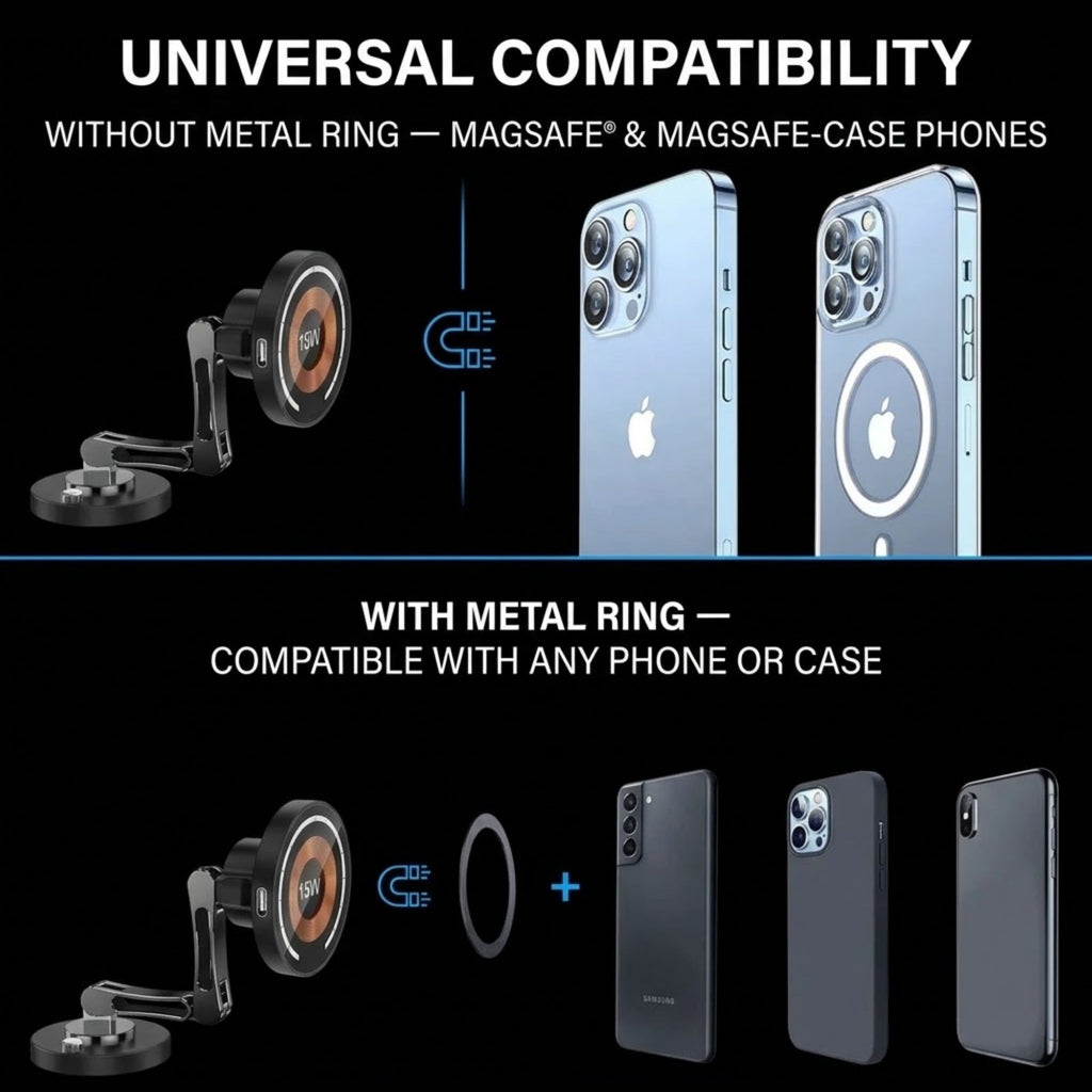 Compatibility graphic for a magnetic phone mount and ring. The top section shows the mount attached to a light blue iPhone without a ring, labeled 'WITHOUT METAL RING — MAGSAFE & MAGSAFE-CASE PHONES.