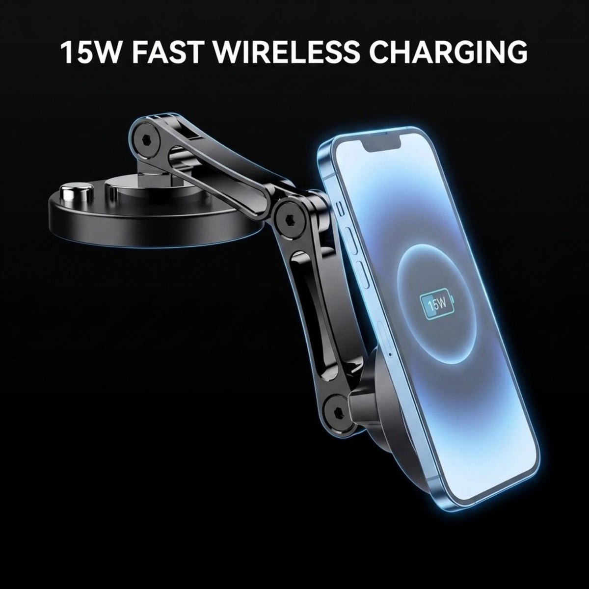 A black magnetic wireless car phone mount with a smartphone attached, shown on a black background with the text '15W FAST WIRELESS CHARGING' at the top.