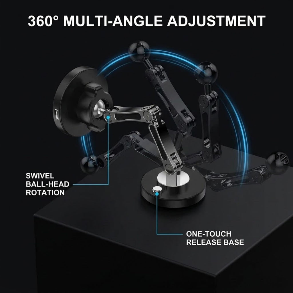 A black multi-angle adjustment mount with a suction-style base and articulated arms, shown on a dark pedestal with overlaid text and blue motion lines explaining swivel ball-head rotation and one-touch release base.