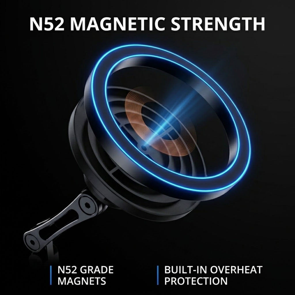 A black computer cooling fan with glowing blue magnetic cooling rings and a copper-colored inner heatsink, shown on a black background with text highlighting N52 magnetic strength and built-in overheating protection.
