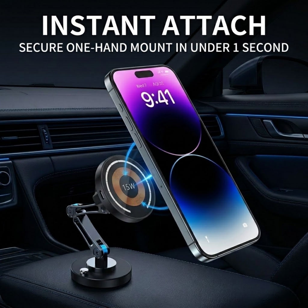 A black magnetic car phone mount with a smartphone attached, shown mounted on a car seat with text reading 'INSTANT ATTACH' and 'SECURE ONE-HAND MOUNT IN UNDER 1 SECOND'.