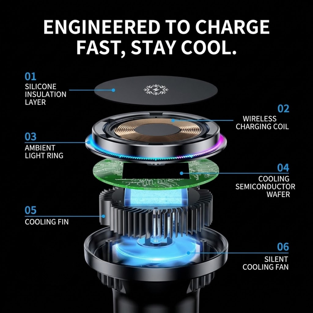 Technical infographic on a black background showing an exploded view of a cooling fan component with labeled parts: silicone insulation layer, wireless charging coil, ambient light ring, cooling semiconductor wafer, cooling fin, and silent cooling fan. Text at the top reads 'ENGINEERED TO CHARGE FAST, STAY COOL.