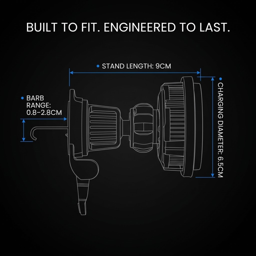 Technical dimension diagram of a wall-mounted sink drain stand on a black background, showing measurements for stand length 9cm, charging diameter 6.5cm, and barb range 0.