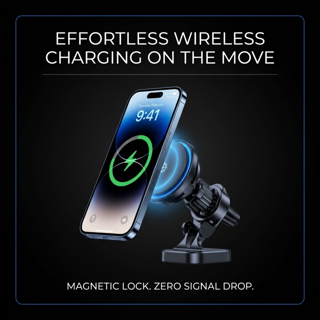 A black magnetic wireless car phone mount holding a smartphone at an angle, with glowing blue light effects and text reading 'EFFORTLESS WIRELESS CHARGING ON THE MOVE' and 'MAGNETIC LOCK. ZERO SIGNAL DROP.