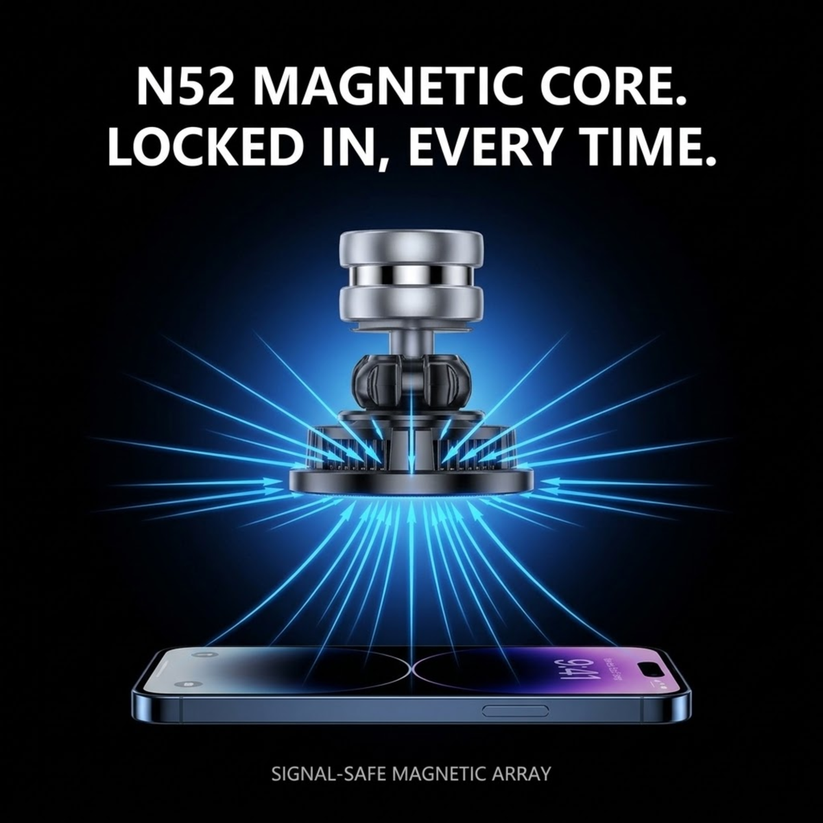 A smartphone shown from the side with a metallic magnetic accessory centered above it, surrounded by bright blue magnetic field lines on a black background. Large white text at the top reads 'N52 MAGNETIC CORE.