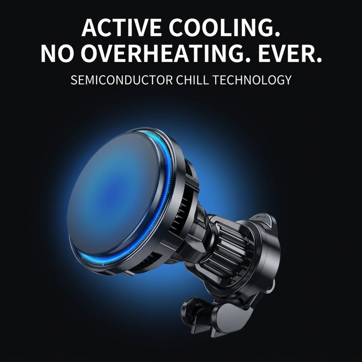 A black and silver semiconductor cooling fan with a glowing blue circular fan blade, shown against a dark background with promotional text reading 'ACTIVE COOLING. NO OVERHEATING.