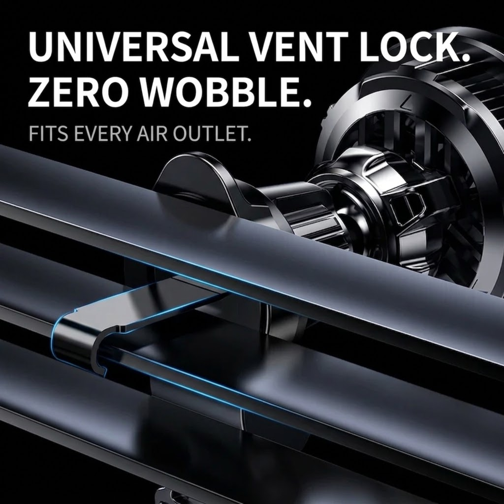Close-up promotional graphic of a black universal vent lock mechanism mounted over an air vent, with bold white text reading 'UNIVERSAL VENT LOCK. ZERO WOBBLE.