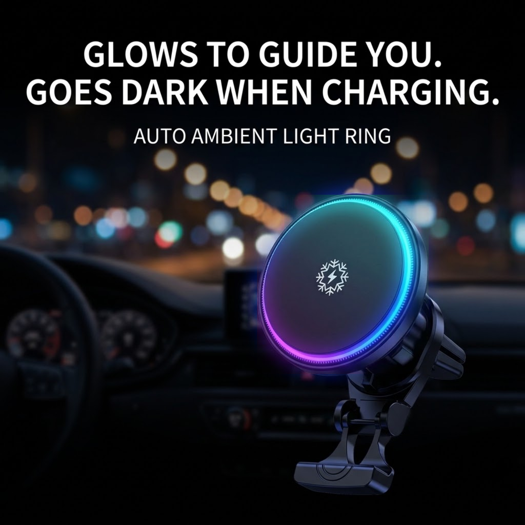 A circular car-mounted wireless charger with a glowing blue and purple ambient light ring, shown attached to a car air vent with a blurred city street outside. Large text at the top reads: 'GLOWS TO GUIDE YOU.