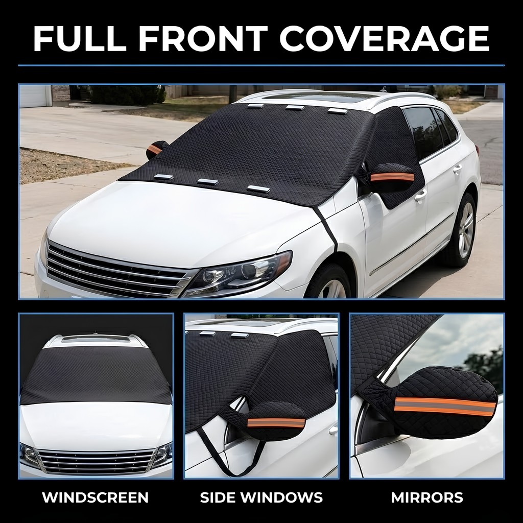 Magnetic Windscreen Sun Shade Cover covering the windscreen, side windows and mirrors of a white station wagon