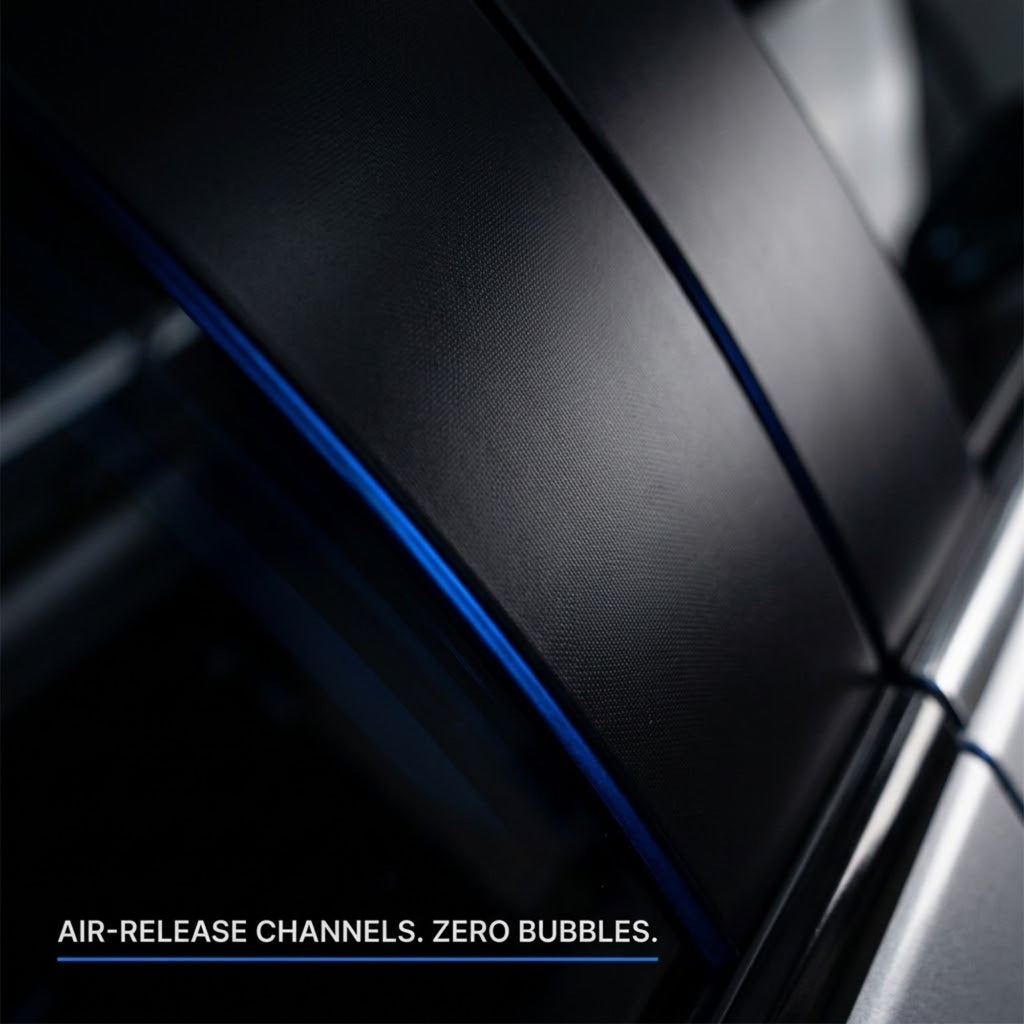 Close-up of a black textured automotive interior trim or dashboard panel with a thin blue accent line and the text 'AIR-RELEASE CHANNELS. ZERO BUBBLES.