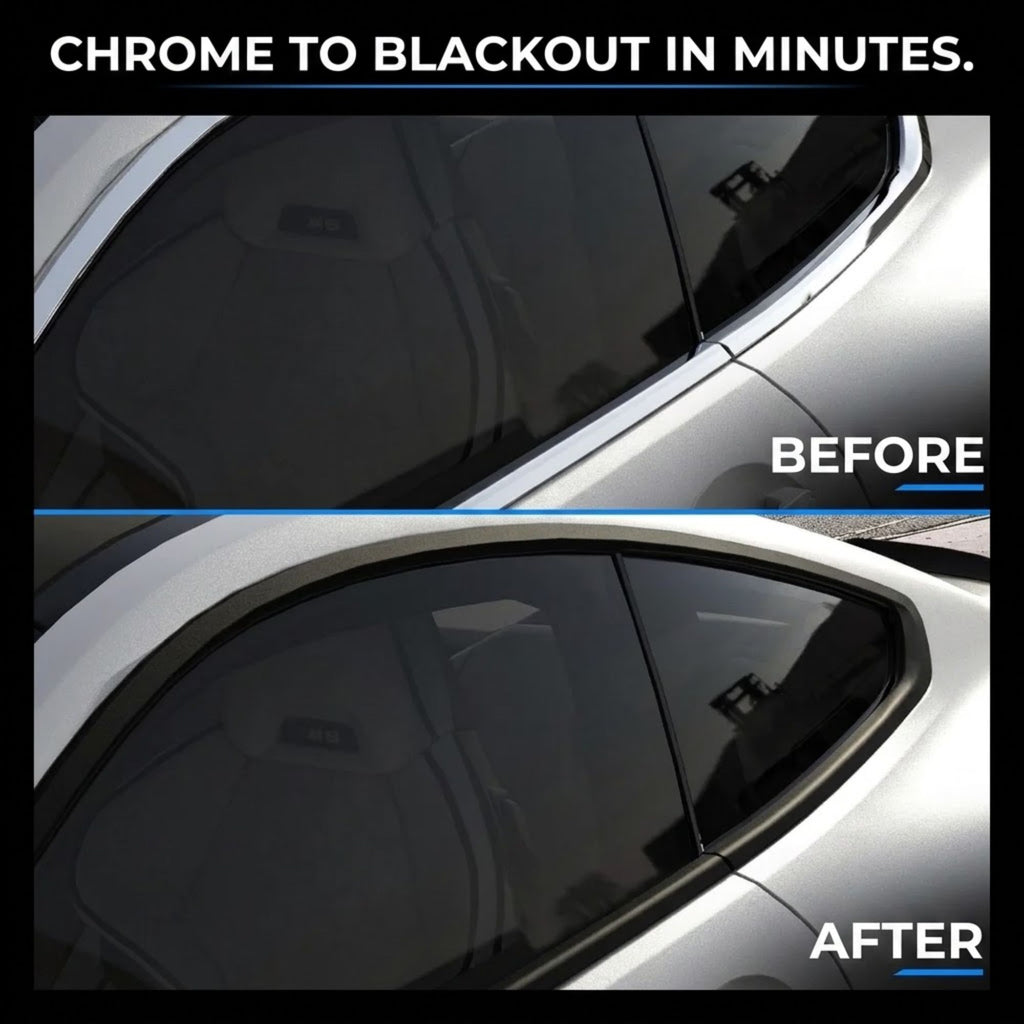 Before and after comparison of a car window tint film, showing a silver vehicle side window with dark tinted glass. The top panel is labeled BEFORE and shows lighter, less tinted glass, while the bottom panel is labeled AFTER and shows much darker tinting.