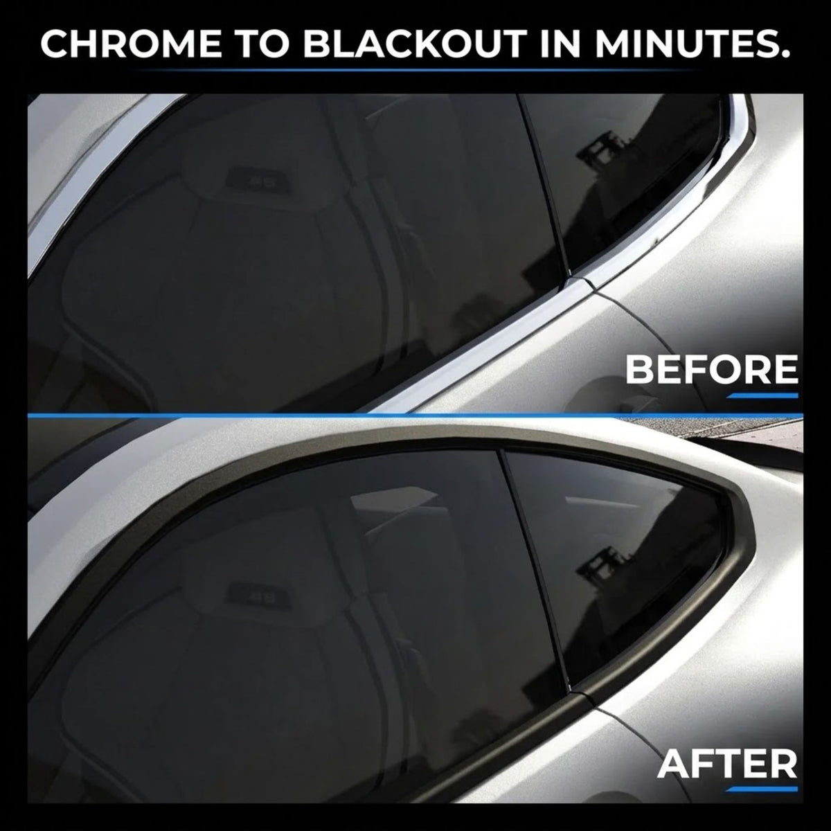 Before and after comparison of a car window tint film, showing a silver vehicle side window with dark tinted glass. The top panel is labeled BEFORE and shows lighter, less tinted glass, while the bottom panel is labeled AFTER and shows much darker tinting.