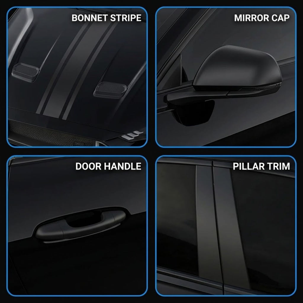 Four-panel product detail collage showing black car accessories: bonnet stripe decals on a hood, a mirror cap, a door handle, and pillar trim, each labeled with white text on a dark background.