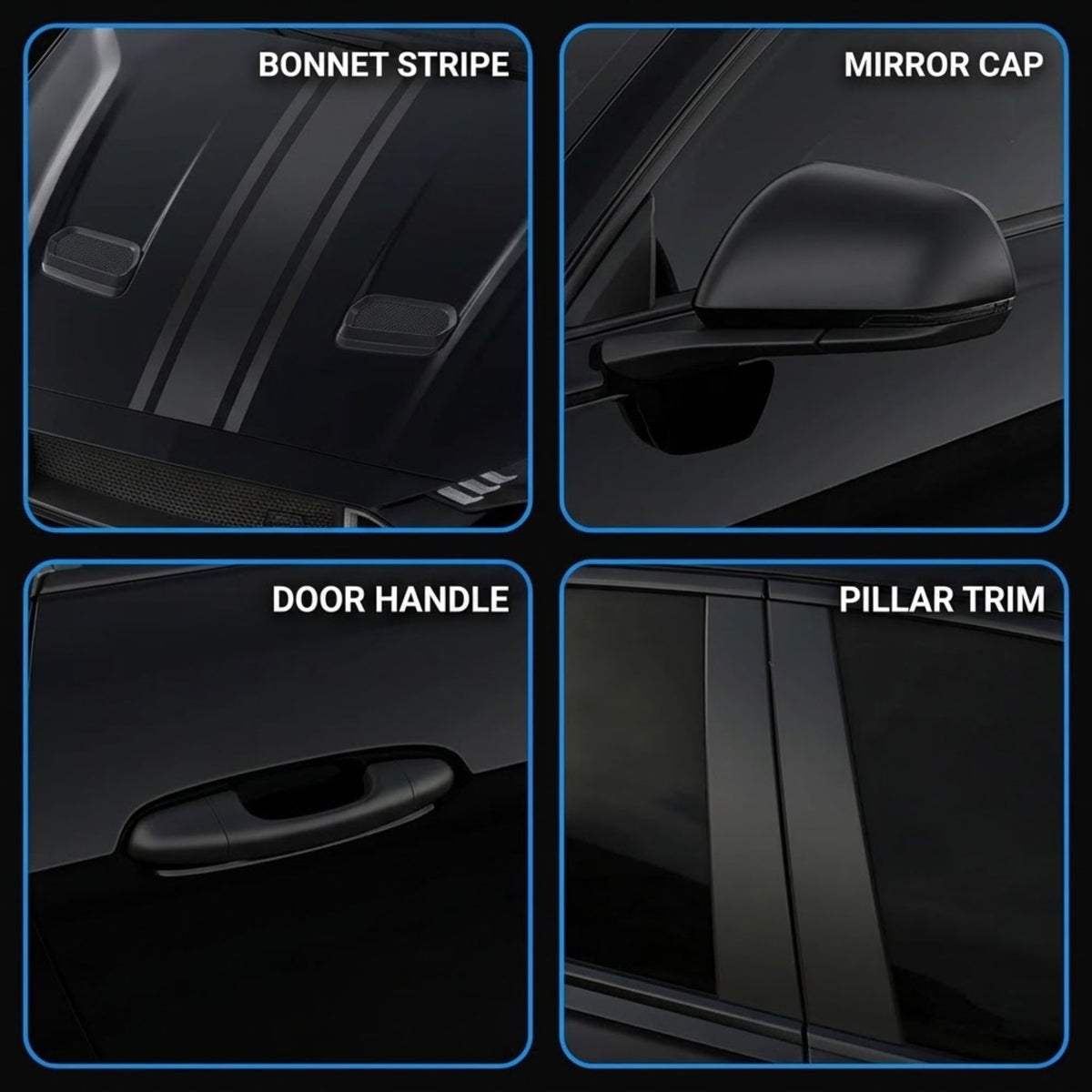Four-panel product detail collage showing black car accessories: bonnet stripe decals on a hood, a mirror cap, a door handle, and pillar trim, each labeled with white text on a dark background.