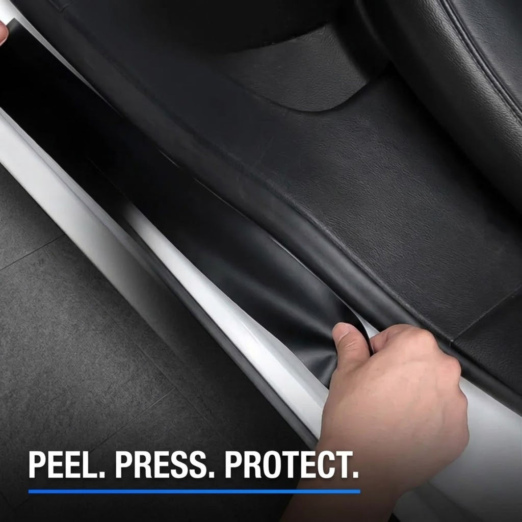 A close-up of a hand peeling back a black protective film from a car door panel, with the text 'PEEL. PRESS.