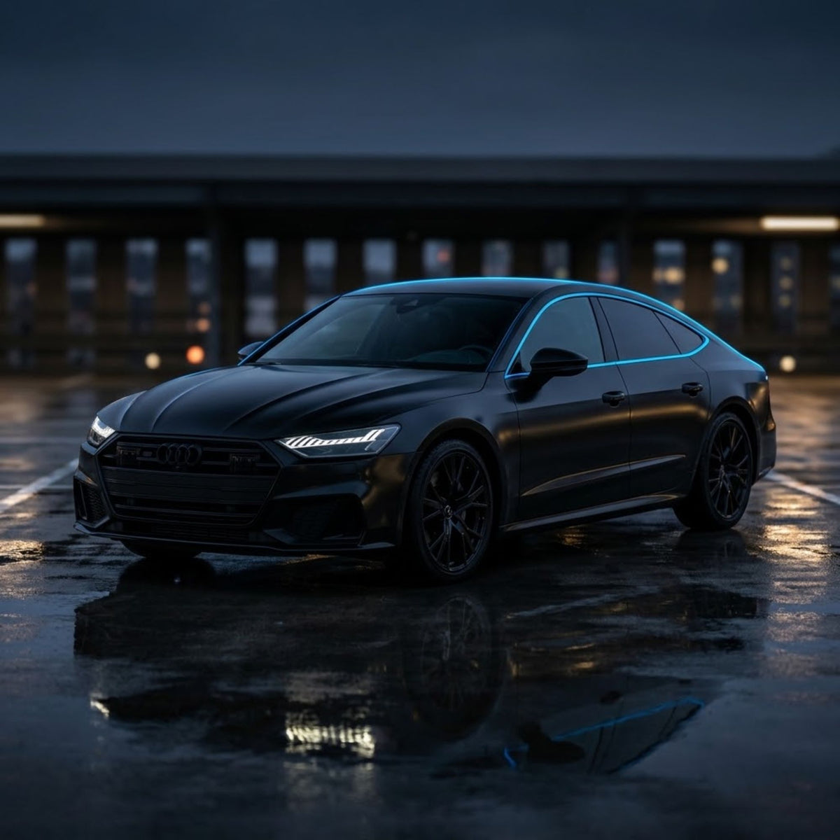 A black Audi sedan photographed on a wet street at dusk, with reflections on the pavement and a blurred building in the background.