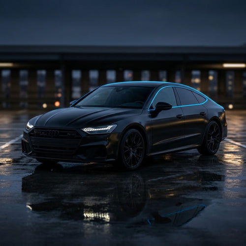 A black Audi sedan photographed on a wet street at dusk, with reflections on the pavement and a blurred building in the background.