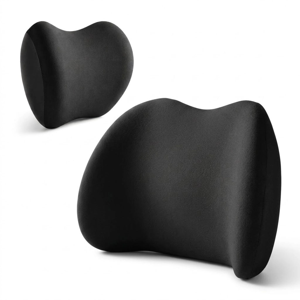 Memory Foam Car Headrest Neck Pillow and Lumbar Support Cushion ergonomic backrest set in black on a white background