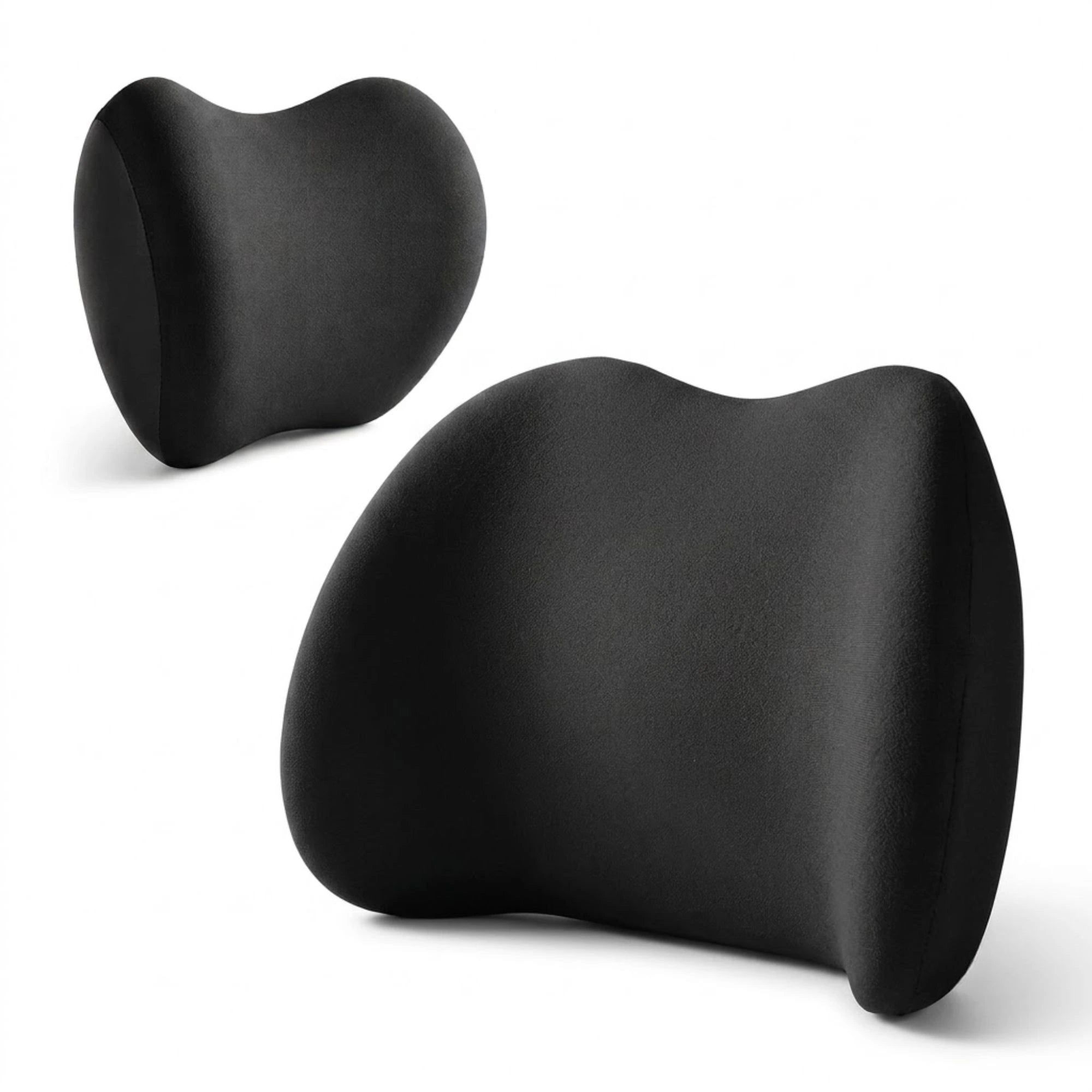 Memory Foam Car Headrest Neck Pillow and Lumbar Support Cushion ergonomic backrest set in black on a white background