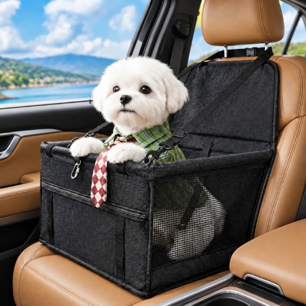 Small white dog sitting in a black Mesh Pet Booster Seat secured to a tan leather car front seat