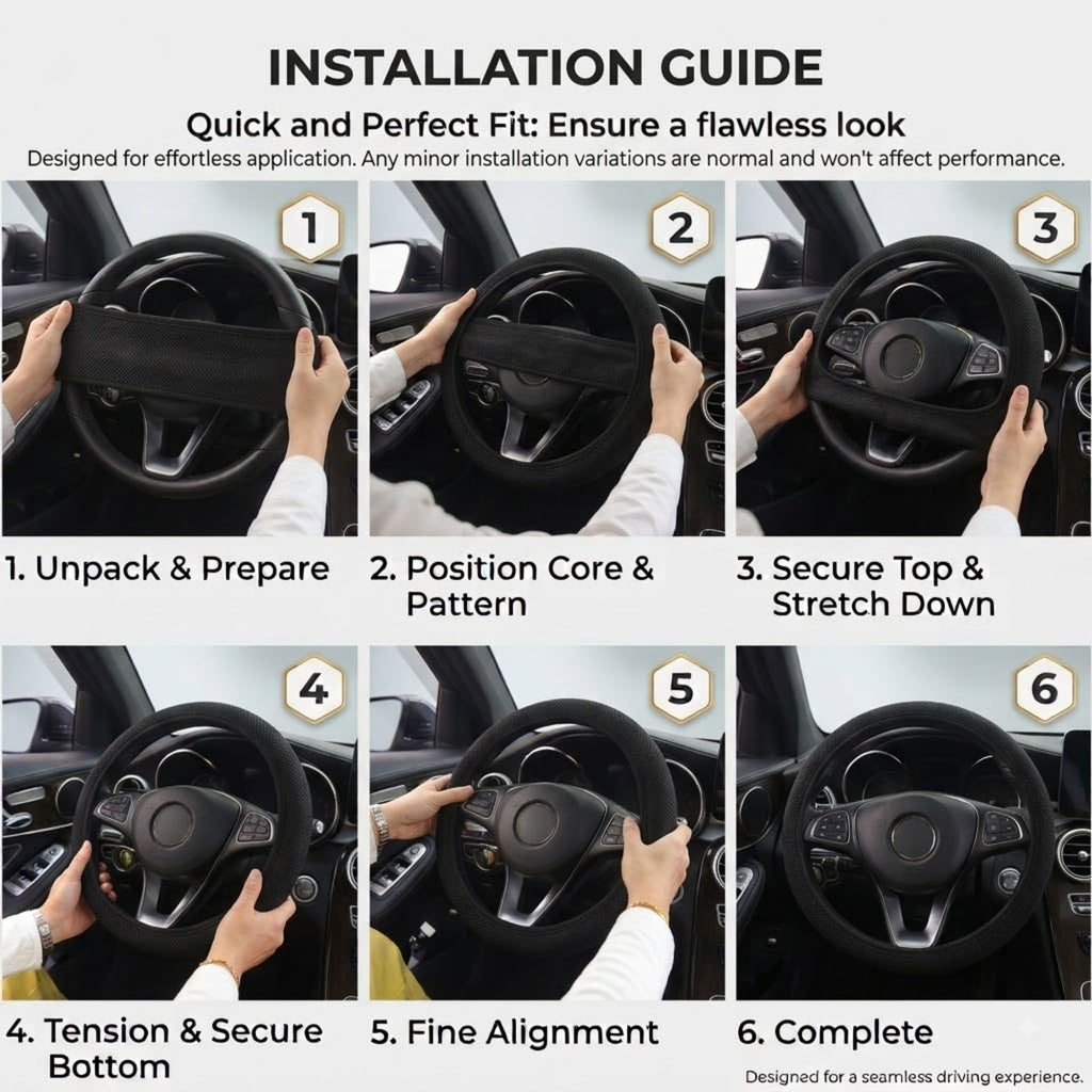 Step-by-step installation guide for slip-on mesh steering wheel cover, no tools required