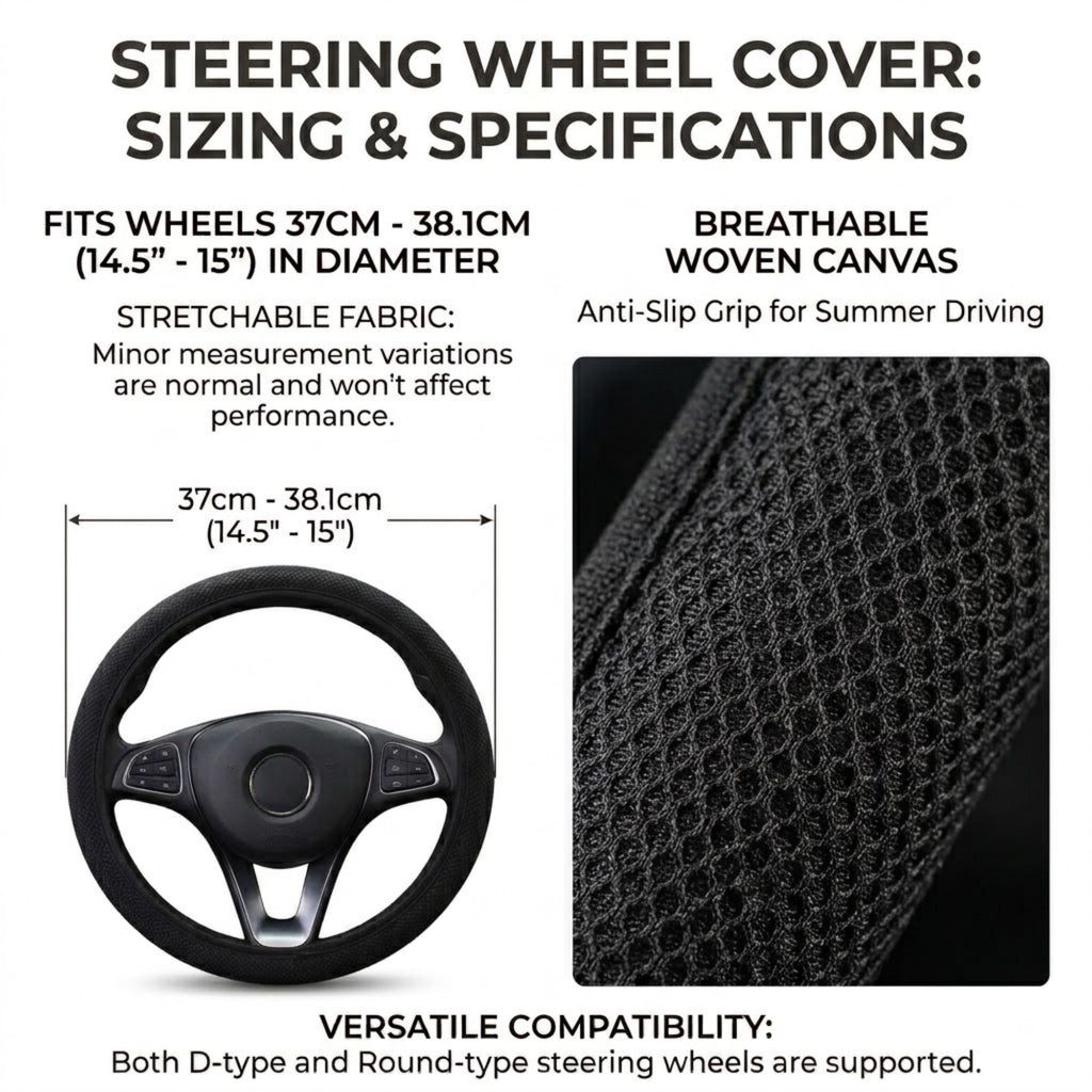 Sizing and specification chart for mesh steering wheel cover, fits 14.5 to 15 inch diameter wheels