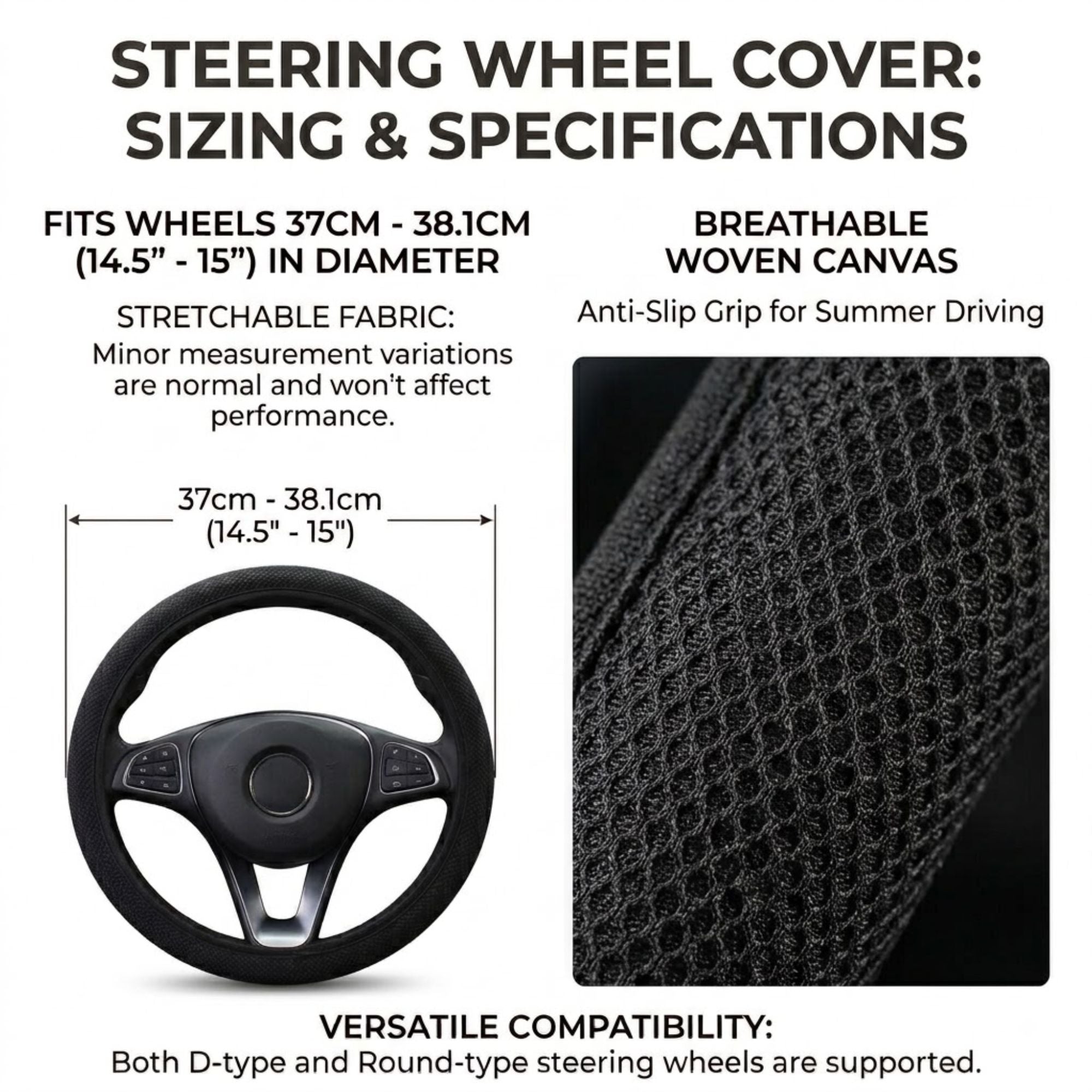 Sizing and specification chart for mesh steering wheel cover, fits 14.5 to 15 inch diameter wheels
