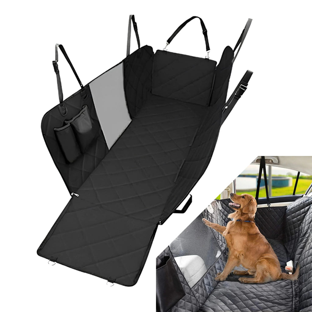 Waterproof Mesh Window Dog Car Hammock shown fully unfolded on a white background with an inset of a dog looking through the mesh window