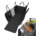 Waterproof Mesh Window Dog Car Hammock shown fully unfolded on a white background with an inset of a dog looking through the mesh window