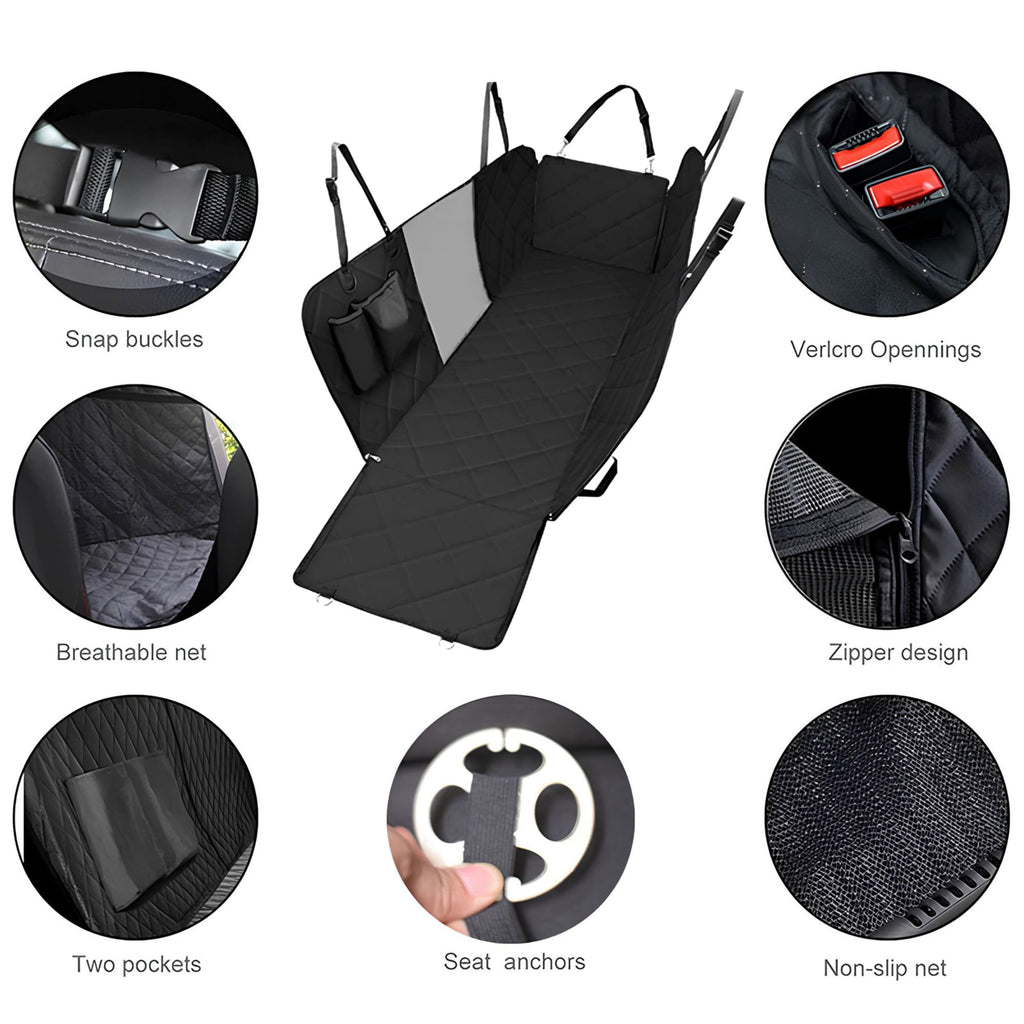 Feature grid of the Waterproof Dog Car Hammock showing snap buckles, velcro openings, breathable mesh, zipper design, storage pockets, seat anchors and non-slip net