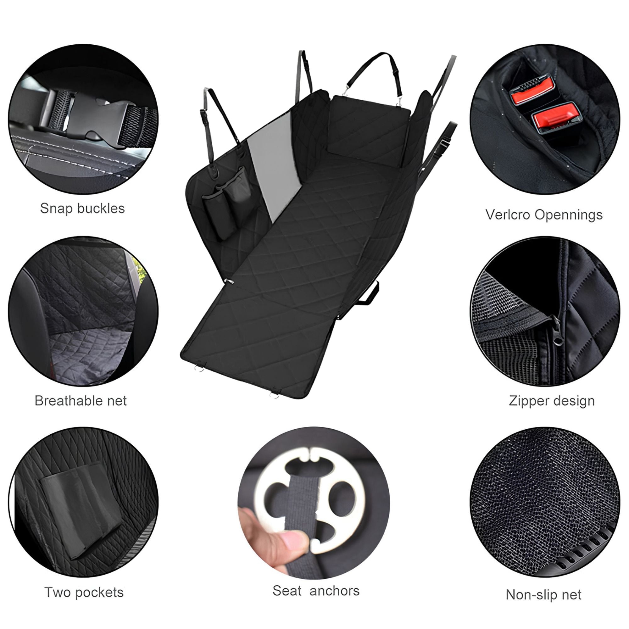 Feature grid of the Waterproof Dog Car Hammock showing snap buckles, velcro openings, breathable mesh, zipper design, storage pockets, seat anchors and non-slip net