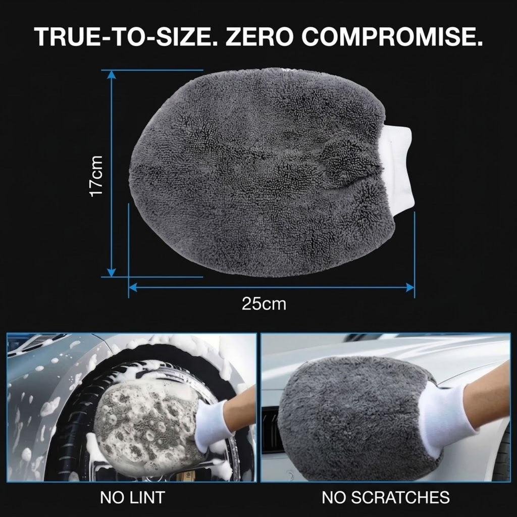 A dark gray microfiber car wash mitt with a white handle, shown on a black background with size measurements of 17cm by 25cm. Two smaller inset photos at the bottom demonstrate its use on a car wheel with foam, with text reading 'NO LINT' and 'NO SCRATCHES'.