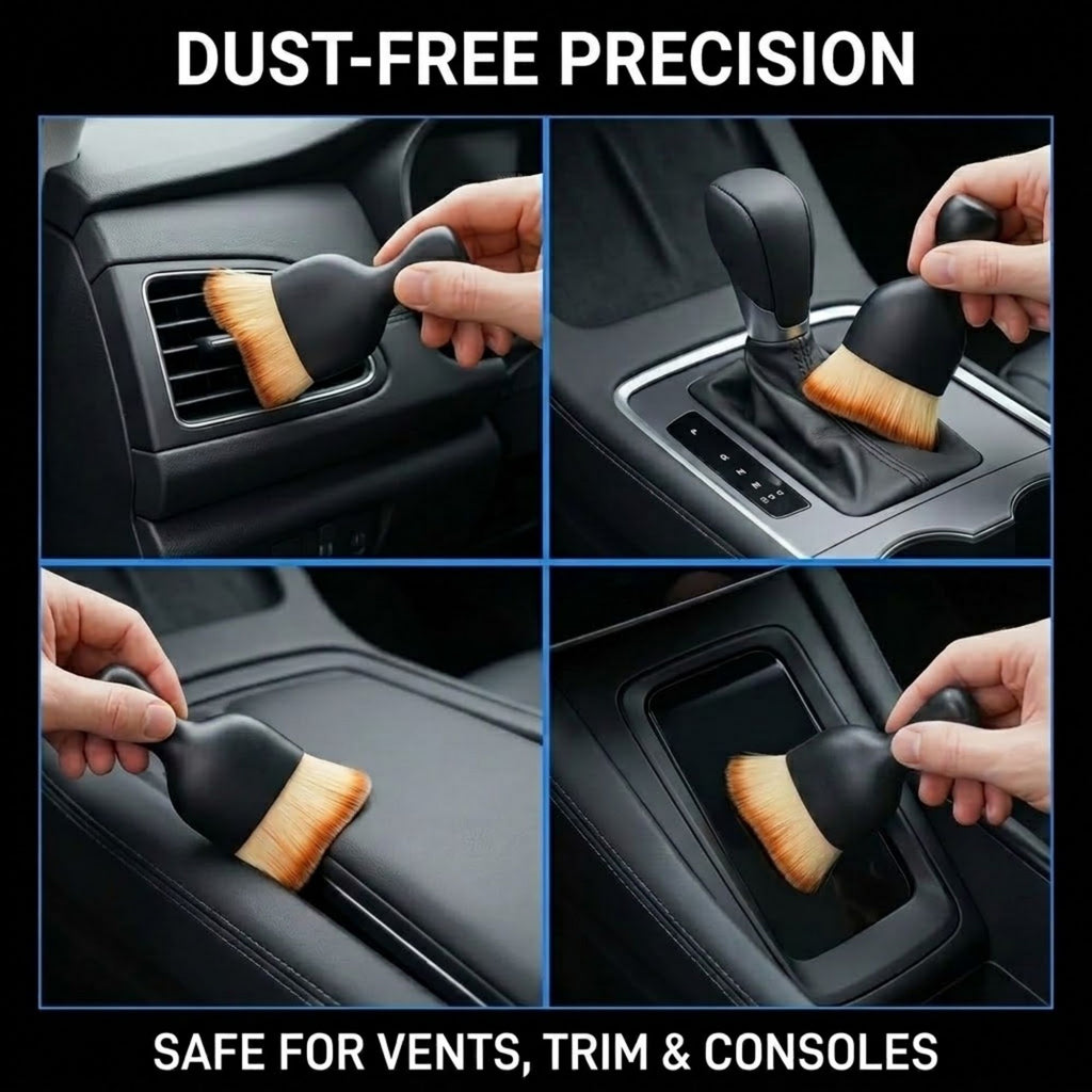 A four-panel demonstration graphic showing a small black handheld brush with tan bristles being used to clean a car air vent, gear shift area, armrest, and console. Large text at the top reads 'DUST-FREE PRECISION' and text at the bottom reads 'SAFE FOR VENTS, TRIM & CONSOLES'.