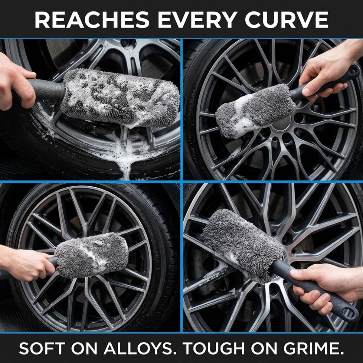 A four-panel collage demonstrating a tire and wheel cleaner brush in use on a car wheel. The top text reads 'REACHES EVERY CURVE' and the bottom text reads 'SOFT ON ALLOYS.