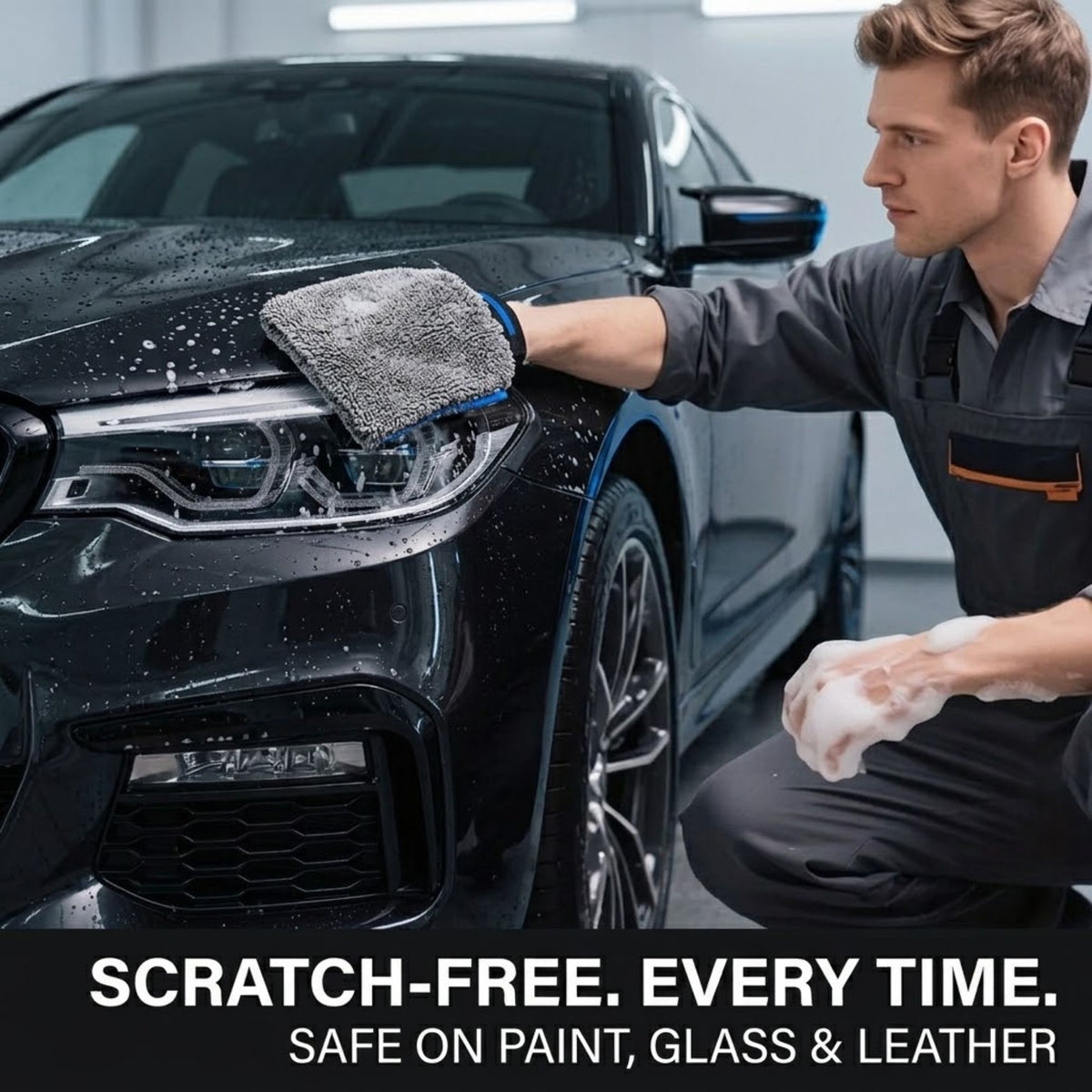 A man in a gray uniform kneels beside a wet black car, wiping it with a gray microfiber cloth and holding soap foam in his other hand. Text at the bottom reads: 'SCRATCH-FREE.