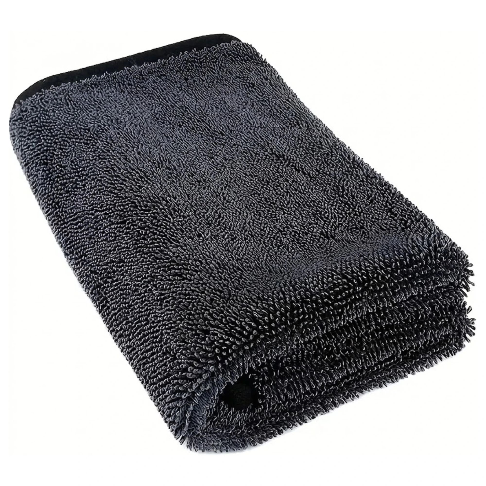 Folded charcoal grey microfibre car drying towel with plush twisted-loop pile, product-only shot on white background