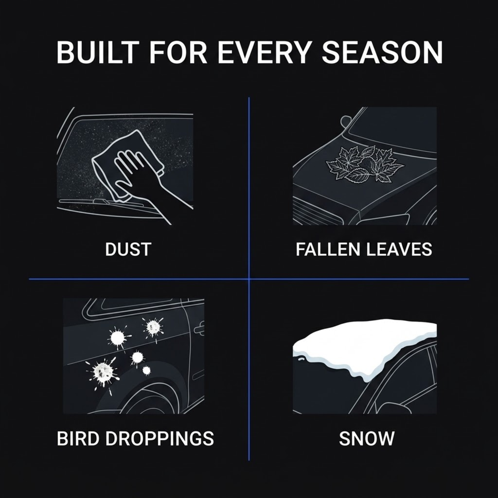 A black promotional graphic with the headline 'BUILT FOR EVERY SEASON' and four illustrated panels showing the product working for dust, fallen leaves, bird droppings, and snow.