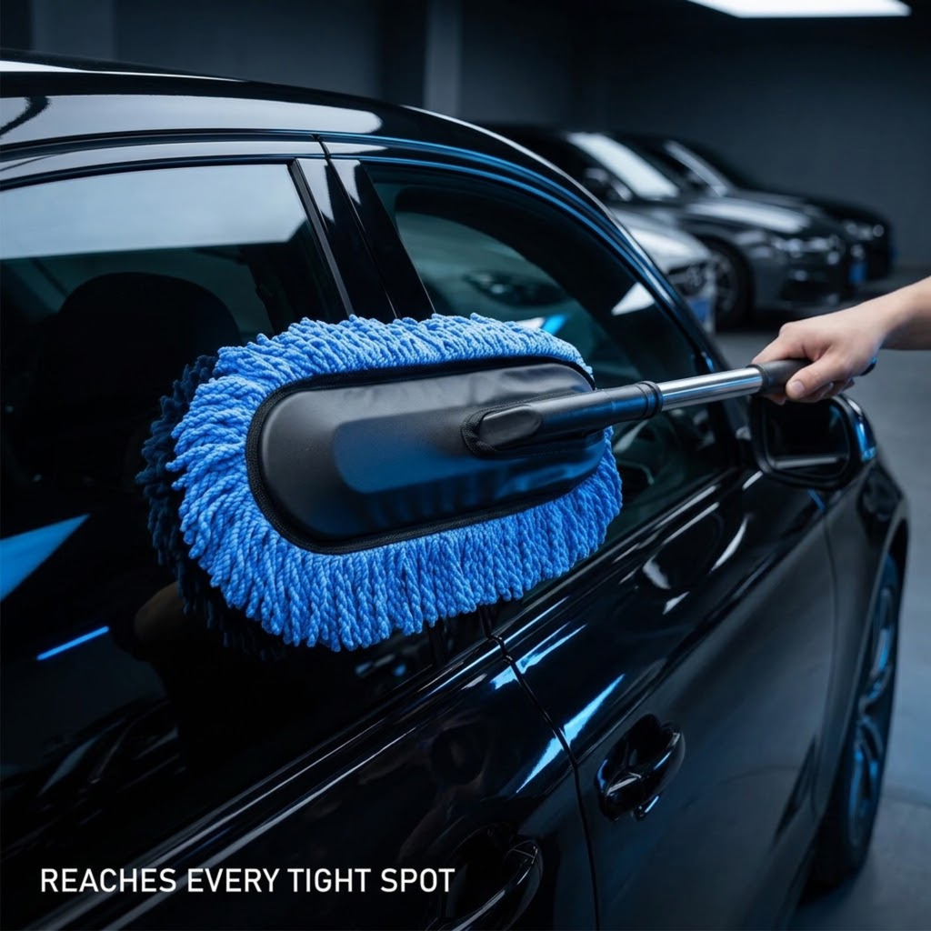 A blue microfiber car window cleaner with a long handle is being used to clean the side window of a black car, with a hand holding the handle. The text 'REACHES EVERY TIGHT SPOT' is visible at the bottom left.