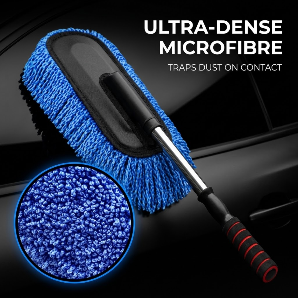 A blue ultra-dense microfiber car wash duster brush with a black and silver handle and red grip accents, shown against a dark car surface with text reading 'ULTRA-DENSE MICROFIBRE' and a circular close-up of the microfiber texture.