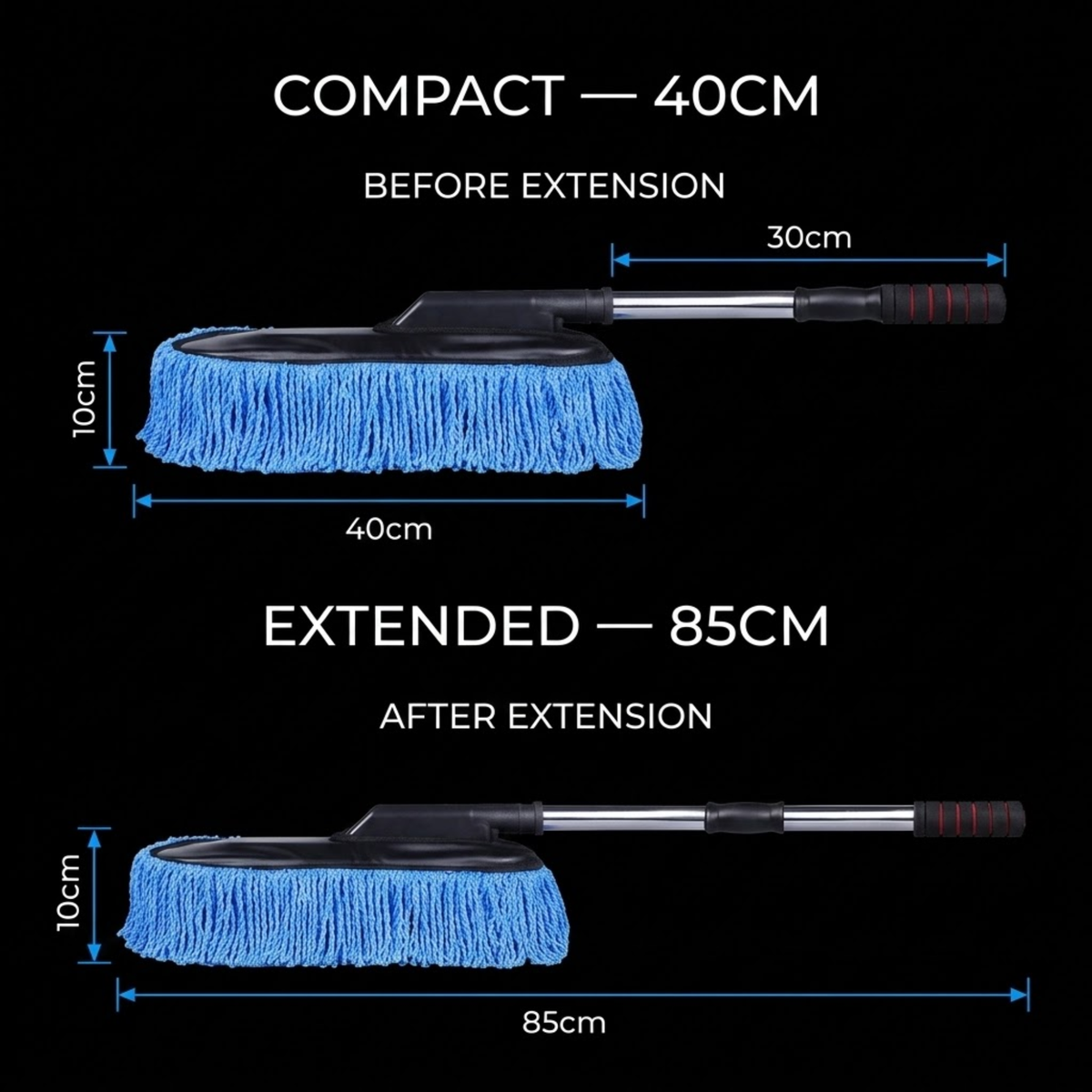 Extension brush mop shown on a black background with text indicating compact size 40cm before extension and extended size 85cm after extension, with blue mop heads and a black handle.