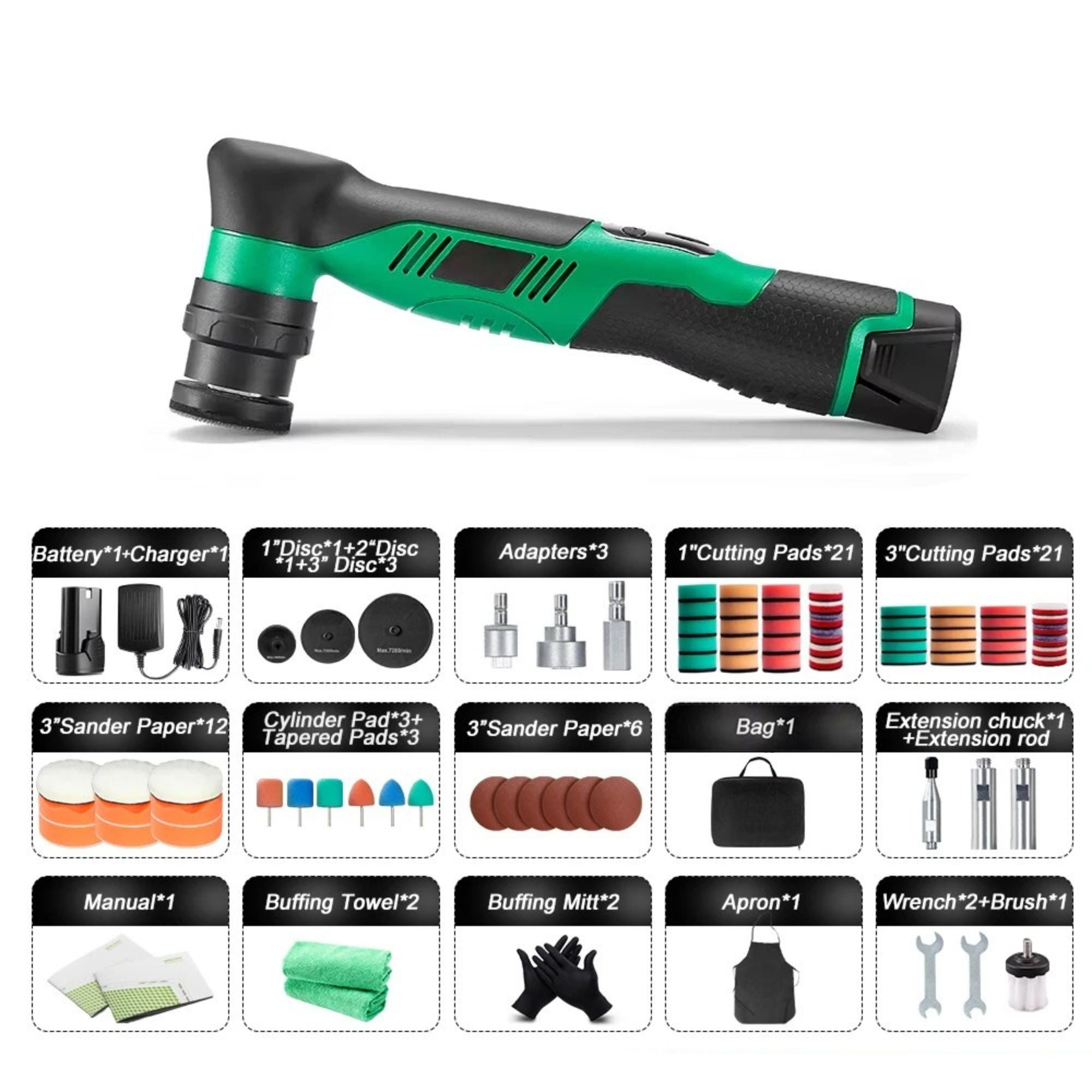 Mini Cordless Car Polisher deluxe accessory kit including extra polishing pads, cutting papers, sander paper, cylinder pad, manual, buffing towel and apron