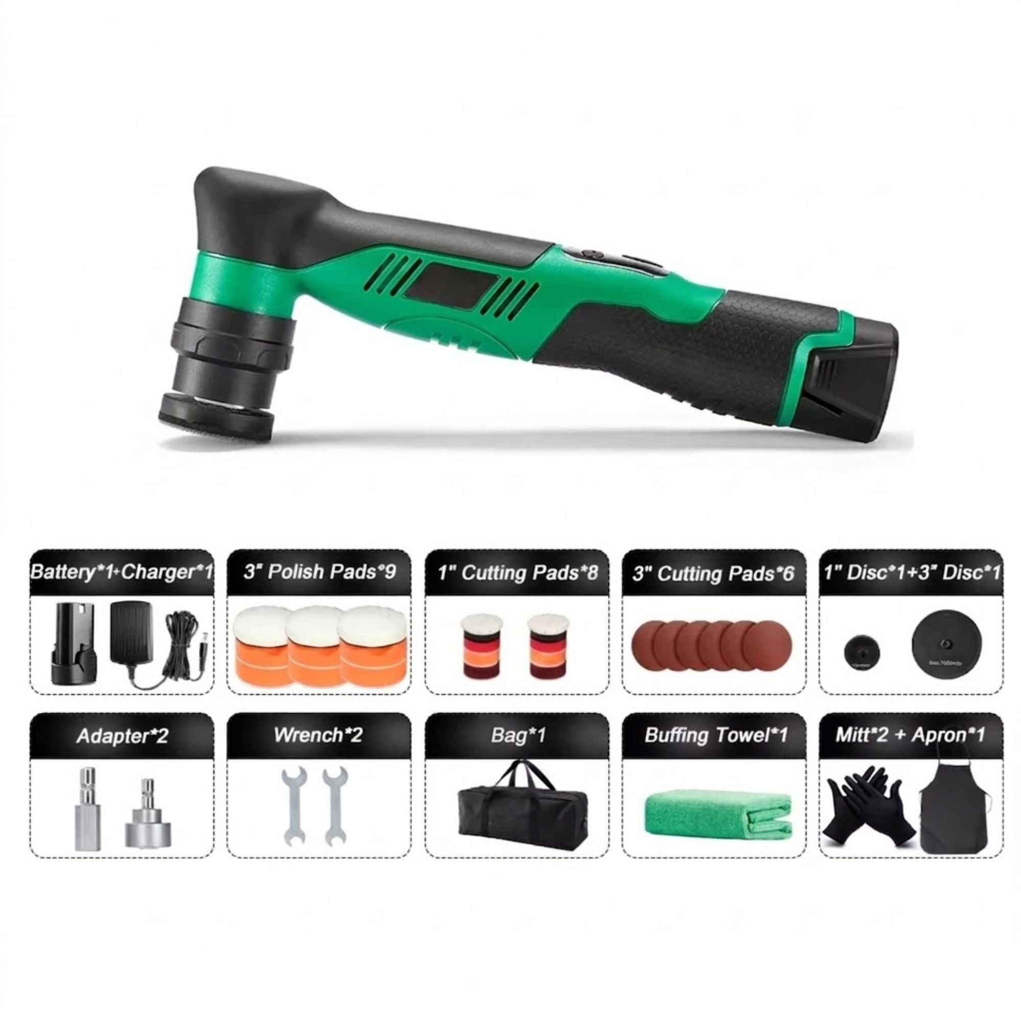 Mini Cordless Car Polisher standard accessory kit including battery, charger, polishing pads, cutting pads, backing plate, adapters, wrench and carry bag