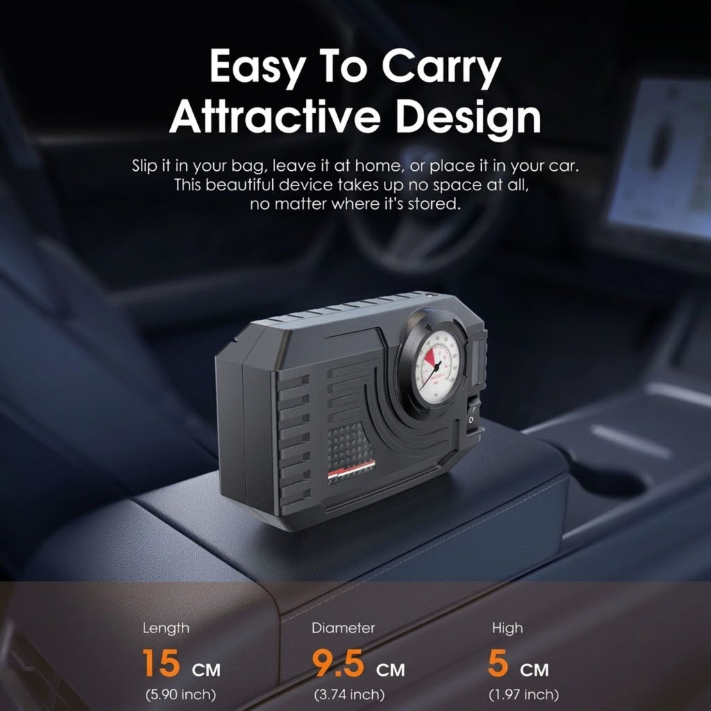 Mini Tyre Inflator resting on a car centre console, shown at 15cm long, 9.5cm diameter and 5cm high for easy storage.