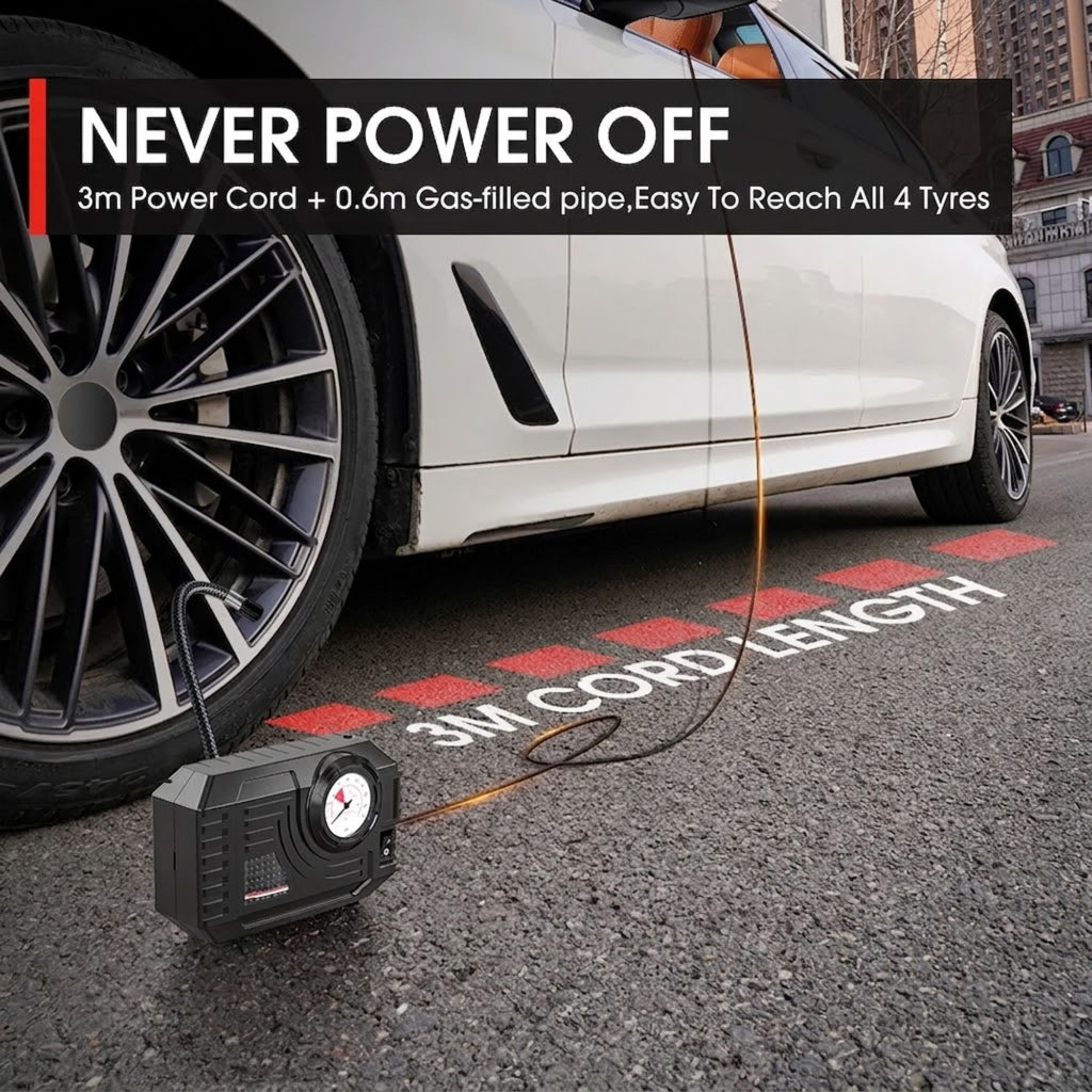 Mini Tyre Inflator beside a car wheel with its 3m power cord and 0.6m gas-filled pipe reaching all four tyres.